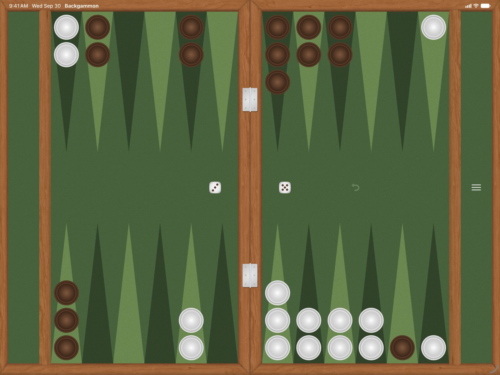 Backgammon with Buddies on iPad: a game in progress on a green felt board with wooden rails