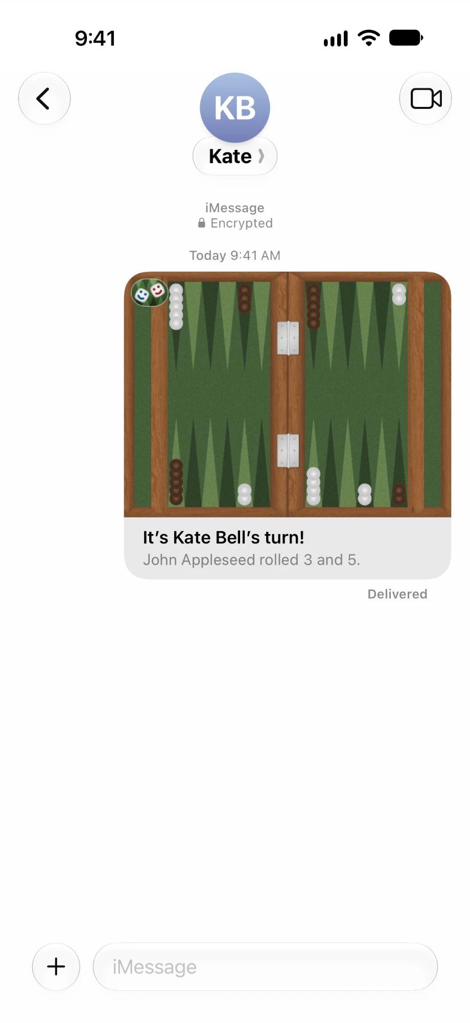 A game of Backgammon with Buddies in Messages: “It’s Kate Bell’s turn! John Appleseed rolled 3 and 5.”